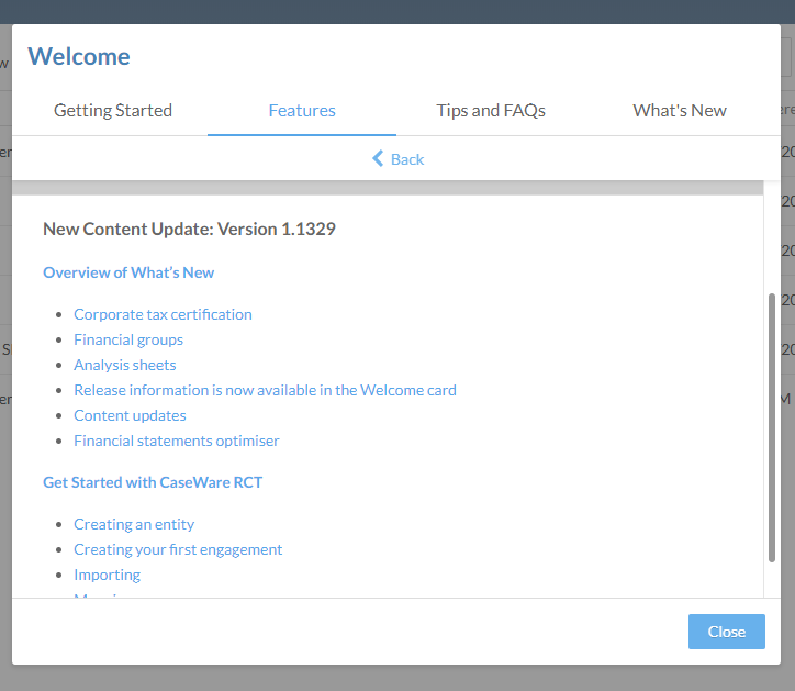 Once you select the content version information, the Welcome card shows a list of what's new topics and how to get started topics.